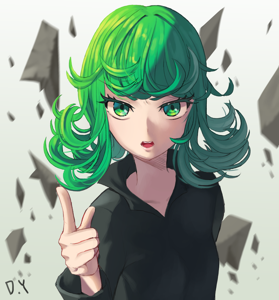 Anime picture 2795x3000 with one-punch man madhouse tatsumaki hyoin single long hair tall image looking at viewer fringe highres open mouth green eyes signed green hair from above pointing girl dress black dress