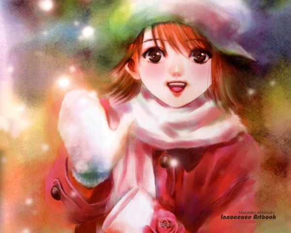 Anime picture 1280x1024 with haruhiko mikimoto single short hair open mouth red hair winter girl hat scarf cap winter clothes mittens