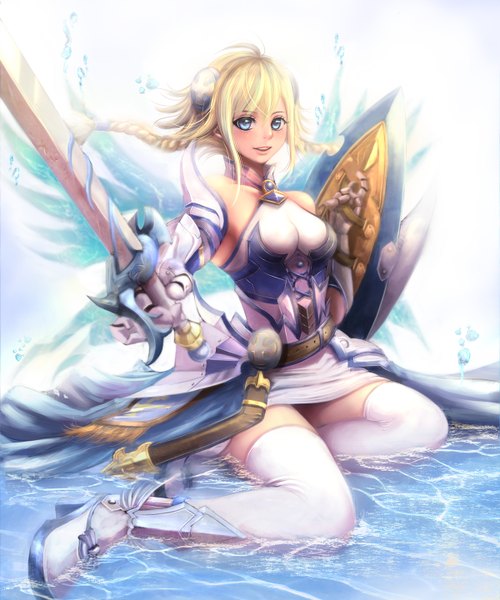 Anime picture 1200x1440 with puzzle & dragons valkyrie (p&d) blue valkyrie (p&d) sho (shoichi-kokubun) single long hair tall image blue eyes blonde hair smile sitting bare shoulders braid (braids) realistic zettai ryouiki girl thighhighs weapon white thighhighs sword