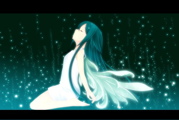 Anime picture 1600x1080 with saya no uta nitroplus saya (saya no uta) kiyomin single long hair eyes closed profile green hair letterboxed girl wings fireflies