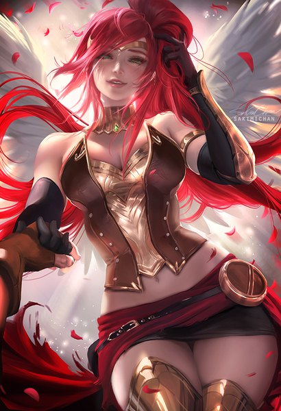 Anime picture 616x900 with rwby rooster teeth pyrrha nikos sakimichan long hair tall image looking at viewer breasts light erotic smile green eyes signed cleavage ponytail red hair parted lips lips realistic teeth midriff