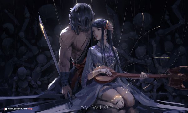 Anime picture 1600x960 with dungeon and fighter master siran iris fortunesinger wlop long hair fringe black hair wide image sitting holding brown eyes signed looking away traditional clothes head tilt japanese clothes lips watermark muscle seiza