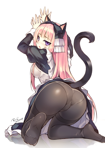 Anime picture 707x1000 with riv single long hair tall image looking at viewer light erotic simple background white background purple eyes animal ears pink hair ass tail animal tail cat ears maid cat tail no shoes kneeling girl