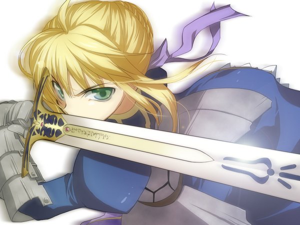 Anime picture 1024x768 with fate (series) fate/stay night studio deen type-moon artoria pendragon (all) saber nina (pastime) blonde hair green eyes wallpaper sword armor