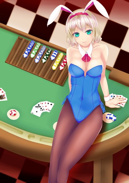 Anime picture 1000x1414 with touhou alice margatroid waado (shissouheki) single tall image short hair light erotic blonde hair green eyes bunny ears bunny girl casino girl bunnysuit card (cards)