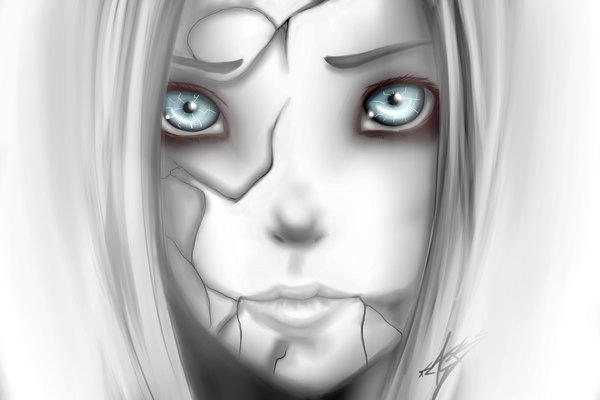 Anime picture 3000x2000 with league of legends orianna (league of legends) zackargunov single long hair looking at viewer highres simple background white background aqua eyes lips grey hair face girl