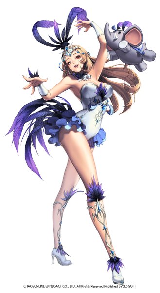 Anime-Bild 659x1200 mit chaos online love cacao single long hair tall image looking at viewer open mouth simple background red eyes brown hair white background girl dress hair ornament toy feather (feathers) stuffed animal