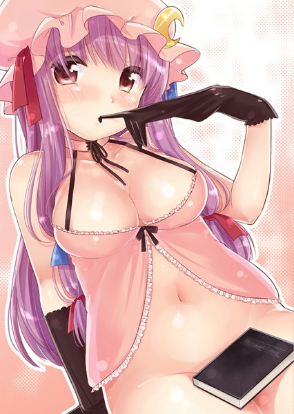 Anime picture 800x1126 with touhou patchouli knowledge yukiu con single long hair tall image looking at viewer blush breasts light erotic large breasts purple eyes bare shoulders cleavage purple hair bare belly alternate costume bottomless crescent girl