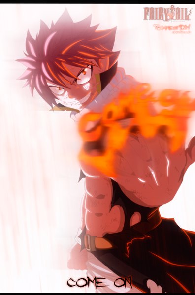 Anime picture 716x1084 with fairy tail natsu dragneel tempestdh single tall image short hair smile pink hair inscription orange eyes sleeveless grin coloring torn clothes magic muscle boy scarf fire fist