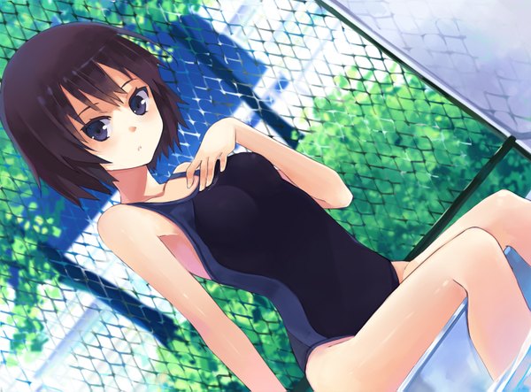 Anime picture 1480x1095 with amagami nanasaki ai hao (patinnko) single looking at viewer short hair black hair sitting black eyes girl swimsuit