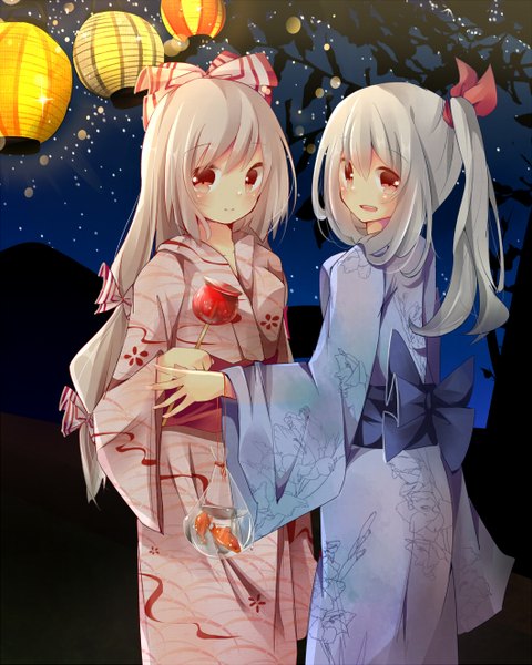 Anime picture 1058x1323 with touhou fujiwara no mokou kamishirasawa keine tama (3038880) long hair tall image blush open mouth twintails multiple girls brown eyes japanese clothes grey hair girl ribbon (ribbons) 2 girls hair ribbon food kimono obi