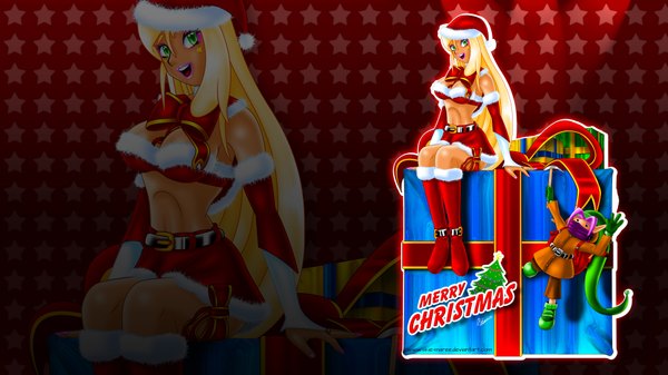 Anime picture 1920x1080 with original skie-maree (artist) single long hair highres breasts open mouth light erotic blonde hair wide image green eyes lips bare belly fur trim dark skin christmas merry christmas girl hat belt