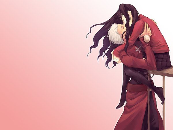 Anime picture 1152x864 with fate (series) fate/stay night studio deen type-moon toosaka rin archer (fate) kiss