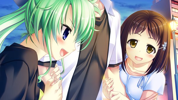 Anime picture 1280x720 with nosferatu no omocha long hair blush short hair open mouth blue eyes brown hair wide image multiple girls yellow eyes game cg ponytail green hair girl boy hair ornament 2 girls hairclip