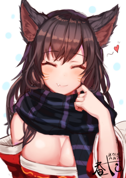 Anime picture 800x1129 with league of legends ahri (league of legends) ato (haru ato) single long hair tall image blush breasts light erotic simple background smile brown hair large breasts white background signed animal ears cleavage eyes closed fang (fangs) fox ears