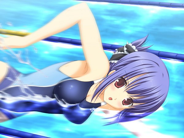 Anime picture 1024x768 with school love! 3 hirose ayumi red eyes game cg purple hair girl swimsuit