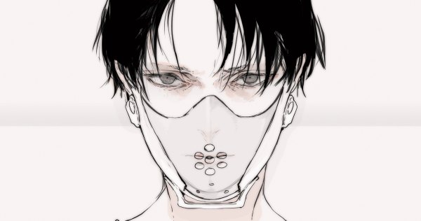 Anime picture 1200x633 with shingeki no kyojin production i.g levi (rivaille) npn single looking at viewer fringe short hair black hair wide image brown eyes portrait close-up face transparent boy mask