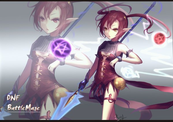 Anime picture 1332x942 with dungeon and fighter wangchuan de quanyan single short hair brown hair twintails brown eyes pointy ears inscription pentagram girl weapon bracelet single glove clothes spear