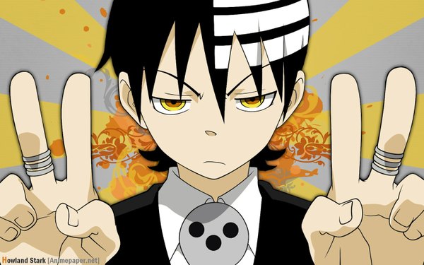 Anime picture 1440x900 with soul eater studio bones death the kid single looking at viewer fringe short hair black hair yellow eyes multicolored hair fingernails wallpaper streaked hair eyebrows frown boy ring