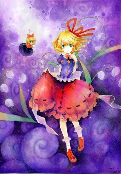 Anime picture 1043x1500 with touhou medicine melancholy su-san mosho tall image looking at viewer short hair simple background blonde hair multiple girls green eyes signed purple background traditional media fairy watercolor (medium) girl dress flower (flowers) ribbon (ribbons)
