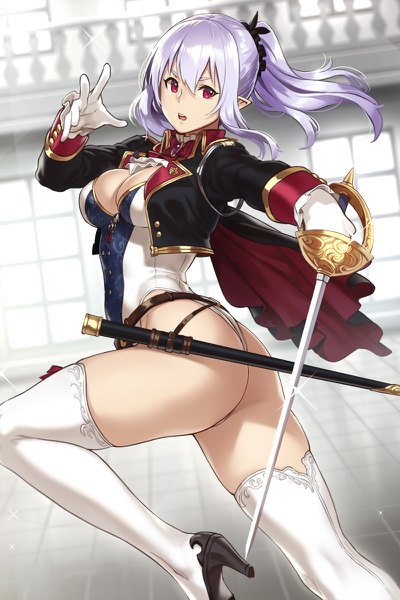 Anime picture 800x1200 with original houtengeki single long hair tall image looking at viewer fringe breasts open mouth light erotic hair between eyes red eyes large breasts standing payot cleavage purple hair ass ponytail pointy ears
