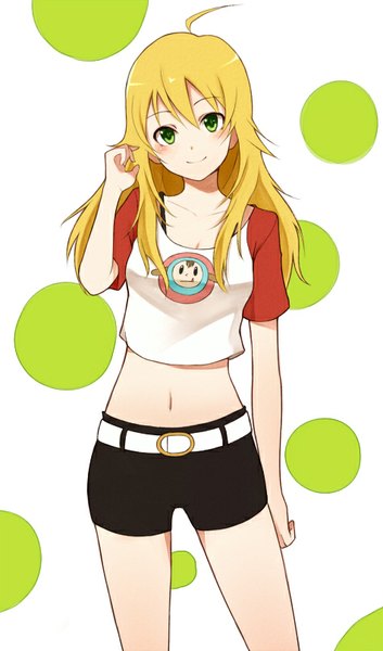 Anime picture 475x806 with idolmaster hoshii miki purea single long hair tall image looking at viewer blush fringe blonde hair smile white background green eyes cleavage ahoge head tilt bare belly adjusting hair polka dot polka dot background
