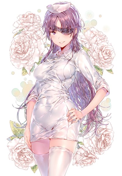 Anime picture 600x861 with mirai nikki uryuu minene dsmile single long hair tall image looking at viewer fringe breasts light erotic smile large breasts standing purple eyes purple hair hand on hip twisty sleeves shiny nurse floral background