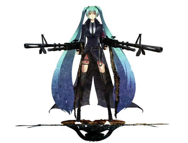 Anime picture 1000x761 with vocaloid hatsune miku nicole pmonachi single simple background white background twintails very long hair aqua eyes aqua hair girl thighhighs weapon black thighhighs headphones gun coat