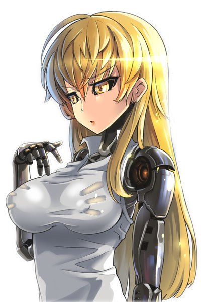 Anime picture 547x815 with one-punch man madhouse genos tagme (artist) single long hair tall image fringe open mouth light erotic blonde hair hair between eyes yellow eyes looking away upper body genderswap skin tight mechanical arms black sclera superhero