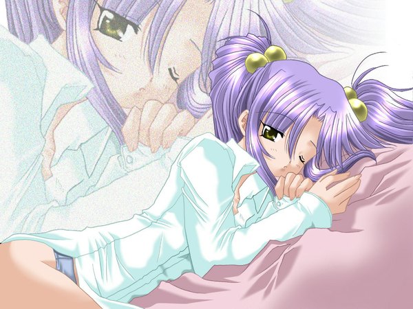 Anime picture 1024x768 with long hair light erotic twintails yellow eyes purple hair lying one eye closed wink zoom layer underwear panties shirt bed