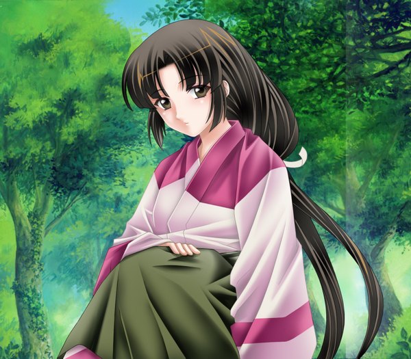 Anime picture 1600x1400 with inuyasha sango tamamon single long hair looking at viewer black hair brown eyes bent knee (knees) outdoors traditional clothes head tilt japanese clothes wide sleeves hand on knee nature girl ribbon (ribbons) plant (plants) hair ribbon