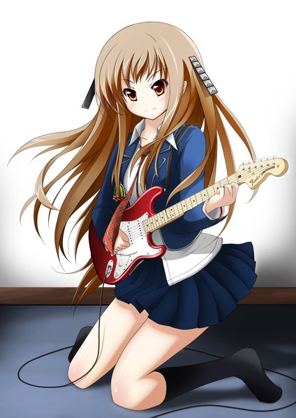 Anime picture 2893x4092 with original suemizu yuzuki single long hair tall image highres brown hair brown eyes girl skirt uniform school uniform miniskirt socks black socks guitar electric guitar