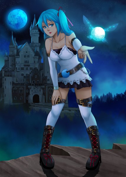 Anime picture 2500x3510 with original heihei li roland-gin (gin-1994) single tall image looking at viewer fringe highres breasts bare shoulders cleavage cloud (clouds) aqua eyes aqua hair night arm support shadow lipstick shiny skin red lipstick
