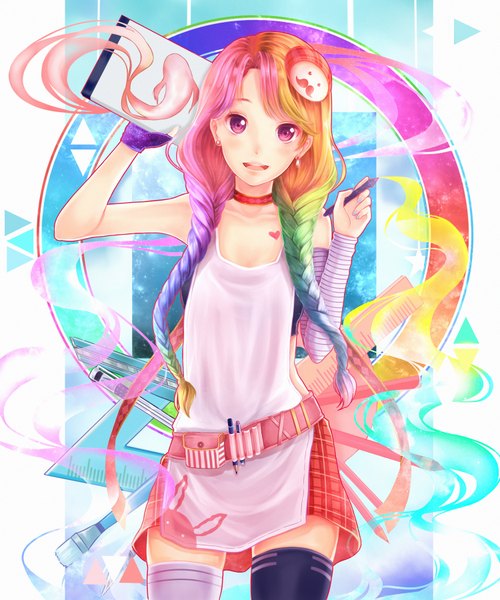 Anime picture 1500x1800 with original avachi single long hair tall image looking at viewer blush open mouth pink hair purple hair braid (braids) pink eyes multicolored hair green hair twin braids gradient hair multicolored colorful girl thighhighs