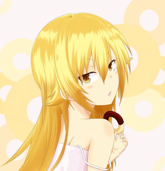 Anime picture 1483x1536 with bakemonogatari nisemonogatari shaft (studio) monogatari (series) oshino shinobu aoneko (souya-mio) long hair tall image blush open mouth blonde hair yellow eyes looking back teeth fang (fangs) girl food sundress doughnut