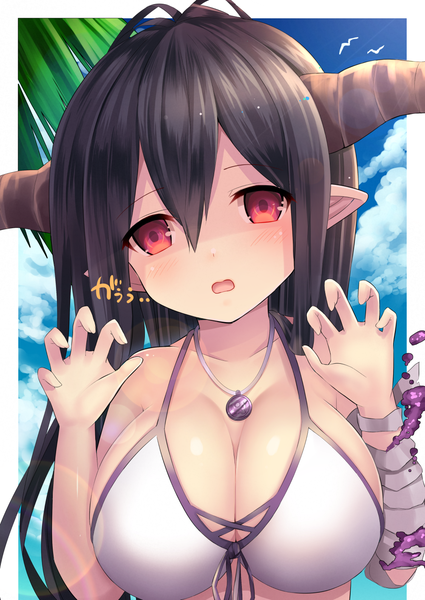 Anime picture 1000x1412 with granblue fantasy danua u rin single long hair tall image looking at viewer fringe breasts light erotic black hair hair between eyes red eyes large breasts sky cloud (clouds) ahoge head tilt horn (horns) pointy ears