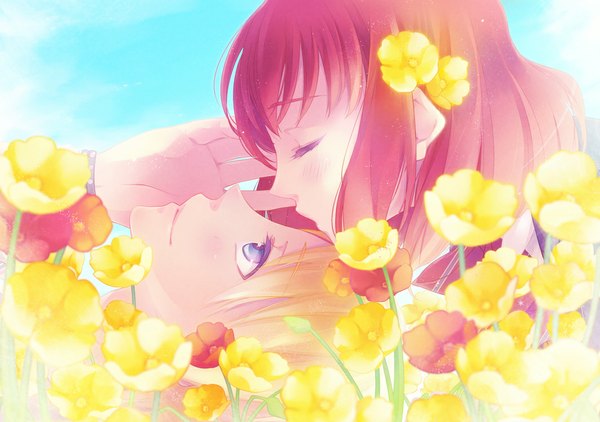 Anime picture 1064x750 with uta no prince-sama a-1 pictures nanami haruka (uta no prince-sama) kurusu shou tokiwa hazy (artist) blush short hair blue eyes blonde hair sky red hair lying eyes closed hair flower light smile couple face to face almost kiss girl boy