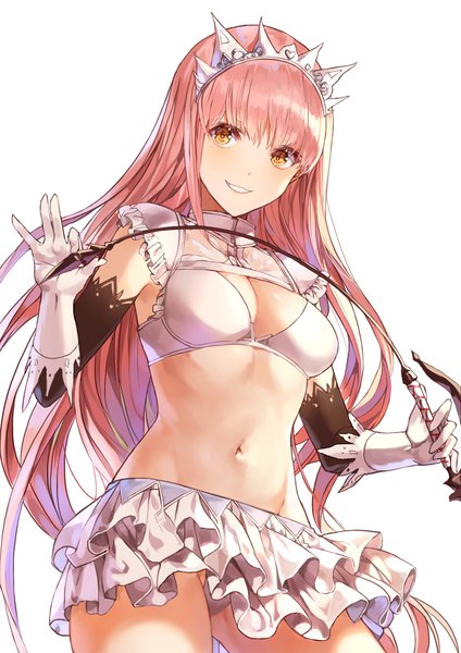 Anime picture 900x1273 with fate (series) fate/grand order medb (fate) kim eb single long hair tall image looking at viewer blush fringe open mouth light erotic simple background smile standing white background holding yellow eyes pink hair bare belly