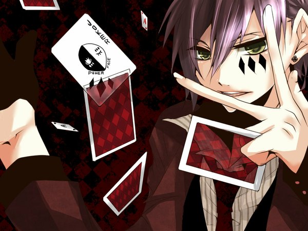 Anime picture 1024x768 with vocaloid nico nico singer poker face (vocaloid) dasoku (pointfive) open mouth green eyes purple hair facial mark boy earrings card (cards)