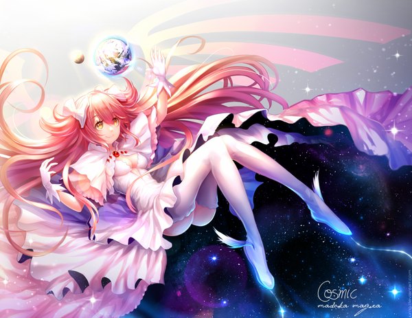 Anime picture 1980x1530 with mahou shoujo madoka magica shaft (studio) kaname madoka goddess madoka jurrig single long hair highres smile yellow eyes pink hair character names starry sky print girl thighhighs dress gloves bow hair bow white thighhighs