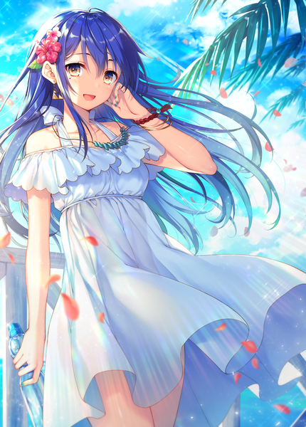 Anime picture 909x1269 with original moe2018 toosaka asagi single long hair tall image looking at viewer fringe open mouth hair between eyes standing bare shoulders holding yellow eyes blue hair cloud (clouds) nail polish :d hair flower wind