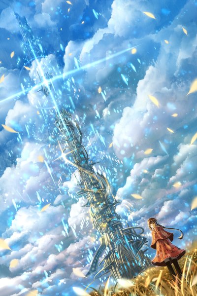Anime picture 990x1485 with original bounin single long hair tall image looking at viewer smile brown hair standing brown eyes sky cloud (clouds) braid (braids) zettai ryouiki glow girl dress plant (plants) building (buildings) grass