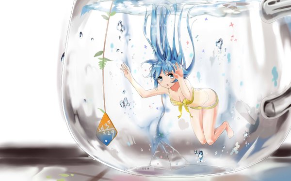Anime picture 1440x900 with original tameiki single long hair looking at viewer fringe blue eyes light erotic blue hair arms up underwater girl swimsuit bikini water cup teacup tea