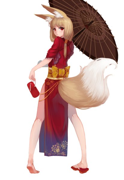 Anime picture 1024x1488 with original sola7764 single long hair tall image blonde hair simple background red eyes white background traditional clothes looking back fox ears fox tail fox girl girl dress umbrella sandals