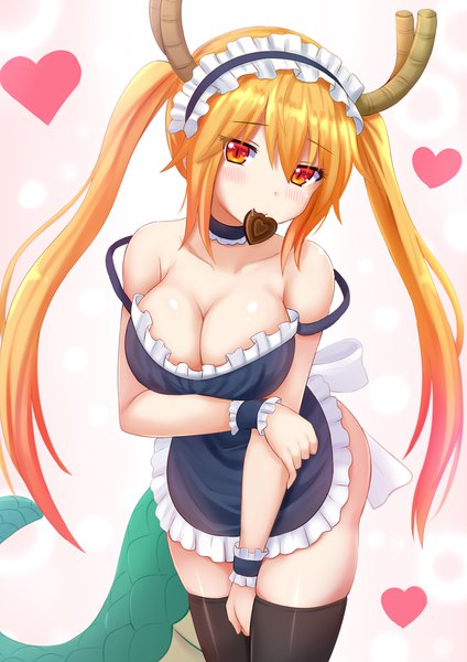 Anime picture 1200x1697 with kobayashi-san chi no maidragon kyoto animation tooru (maidragon) kazenokaze single tall image looking at viewer blush fringe breasts light erotic hair between eyes large breasts twintails holding head tilt horn (horns) orange hair maid orange eyes