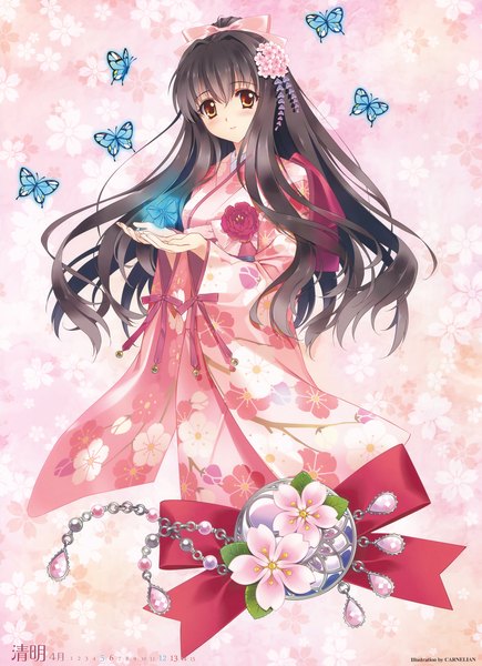 Anime picture 4717x6500 with original carnelian single long hair tall image looking at viewer highres black hair brown eyes absurdres traditional clothes japanese clothes scan flower (flowers) bow hair bow kimono insect butterfly