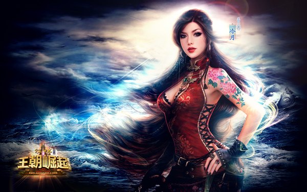 Anime picture 1920x1200 with ruoxing zhang (artist) single long hair highres breasts brown hair wide image bare shoulders brown eyes braid (braids) nail polish wind lips tattoo wallpaper hieroglyph girl earrings water belt
