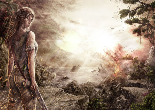 Anime picture 1280x905 with tomb raider lara croft arist0te single long hair brown hair brown eyes looking away looking back sunlight realistic rain landscape injury dirty girl weapon plant (plants) tree (trees) sea
