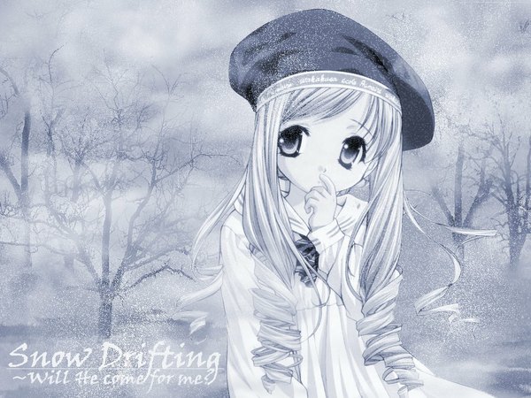 Anime picture 1024x768 with sister princess zexcs aria (sister princess) single long hair fringe looking away text drill hair finger to mouth snowing winter bare tree girl plant (plants) tree (trees) beret