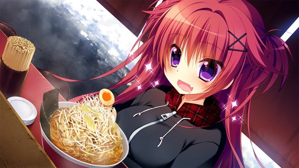 Anime picture 1280x720 with yukikoi melt reppuji kanon nanaka mai single long hair blush fringe breasts open mouth smile wide image purple eyes game cg red hair side ponytail girl food x hair ornament clothes noodles